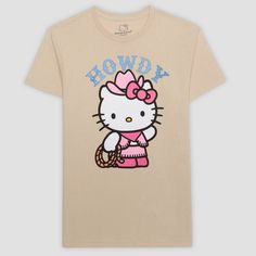 Take on casual days in style with the Men's Sanrio Hello Kitty Rodeo Short Sleeve Graphic T-Shirt in Tan. The T-shirt is crafted from lightweight jersey fabric and cotton material to keep you moving through the day in absolute comfort, while the short sleeve, pullover style makes for easy wear. It's tailored, featuring a crew neckline for on-trend style. Just pair it with your favorite trousers to complete the look. Hello Kitty Print T-shirt With Crew Neck For Spring, Hello Kitty Print Crew Neck T-shirt For Spring, Spring Hello Kitty Print T-shirt With Crew Neck, Spring Hello Kitty Print Crew Neck T-shirt, Hello Kitty Print Short Sleeve T-shirt For Summer, Summer Graphic Tee With Hello Kitty Print, Summer Hello Kitty Graphic Tee, Trendy Cotton Hello Kitty T-shirt, Spring Hello Kitty Print Short Sleeve T-shirt