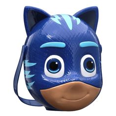 a blue cat mask with big eyes and ears on it's head is shown in front of a white background