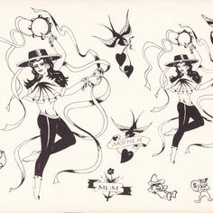 an old fashion drawing of some women with hats and tails on their heads, dancing