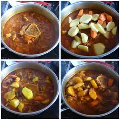 four pictures show the steps in how to make stew