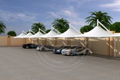 a row of cars parked in front of a building with white awnings on the roof