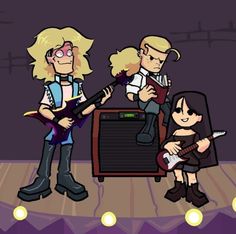 two cartoon characters are playing guitars on stage