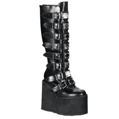 Demonia Swing-815 Black Vegan Leather With A 5 1/2" (14cm) Wedge Platform Goth Punk Gogo Knee Boot With Metal Plates, Full Back Zipper, Demonia Trinity Boots, Swi815/Bvl Free Shipping And Brand New In The Box Great For A Festival Set, Rave Outfit, As Goth Boots, Emo And Alternative Fashion, Cosplay Costumes, Dolls Kill And Hot Topic Shoes, And More #Nwt #Punk #Grunge #Dollskill #Summer Fake Demonia Boots, Demonia Wedge Boots, Demonia Camel 311 Boots, Knee High Platform Boots, Gothic Boots, Vegan Leather Boots, Metal Plates, High Wedges, High Heel Wedges