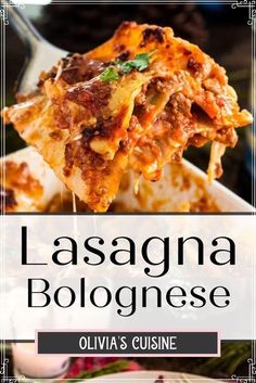 lasagna bolognesee on a fork with text overlay