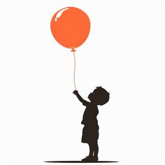 a little boy flying a balloon with an orange ballon in it's hand