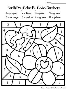 the earth day color by code numbers worksheet with flowers and leaves on it