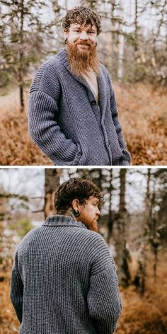 two photos of a man with long hair and beard in the woods, one is wearing a cardigan