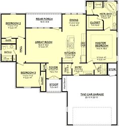 the first floor plan for a home with two car garages and an open living area