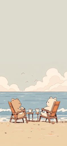 two bears are sitting in lawn chairs on the beach