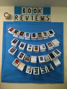 a bulletin board with pictures on it and the words book review spelled in small letters