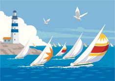 sailboats sailing in the ocean with lighthouse and birds flying above them stock illustration - art