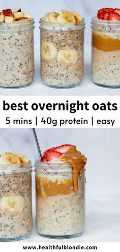 overnight oats in mason jars with strawberries and bananas