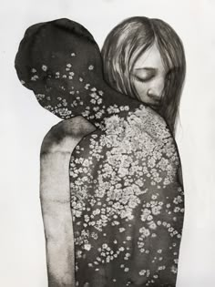 a black and white drawing of a woman with flowers on her back