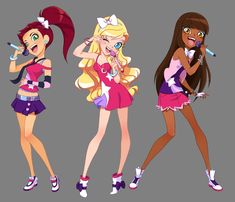 three cartoon girls with different outfits and hair styles, one is singing into a microphone