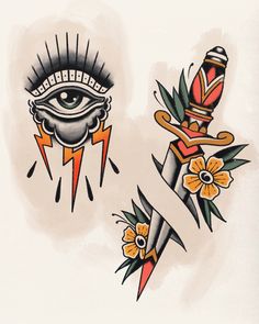 an eye and dagger tattoo design on a white background