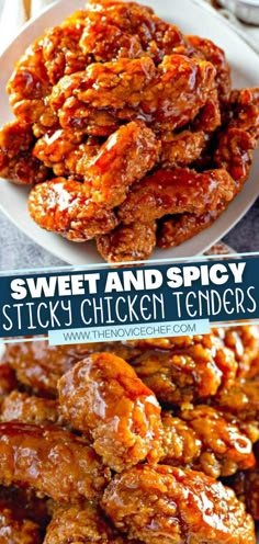 sweet and spicy sticky chicken tenders on a white plate with text overlay that reads, sweet and spicy sticky chicken tenders