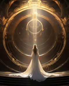 a woman standing in front of a large circular structure with light coming from it's center