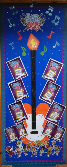 a poster with musical instruments and music notes on the bottom, in front of a blue background