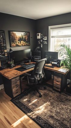 a home office with two computer desks and a rug