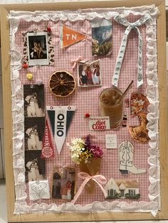 a pink and white collage with pictures, photos, and other things on it