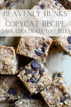 This Heavenly Hunks copycat recipe has the taste and texture similar to oatmeal chocolate chip cookie dough, but all of the wholesome goodness of a granola bar. Made with old-fashioned oats, and healthy fats, as well as sweetened with maple syrup and dark chocolate chips, these make the perfect snack or sweet treat. Heavenly Hunks Recipe, Best Granola Bars, Oat Bites, Small Cookies, Chocolate Chip Granola Bars, Homemade Recipes Dessert, Granola Recipe Bars, Homemade Dessert, Chocolate Oats