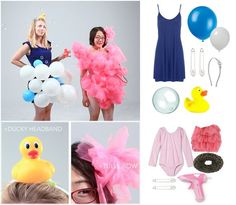 a collage of photos with balloons, rubber ducky headbands and other items