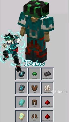 an image of a character in the minecraft video game, deku with different colors and sizes