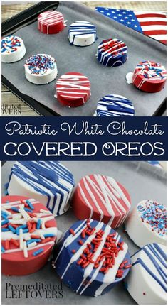 patriotic white chocolate covered oreos with red, white and blue sprinkles