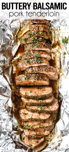 grilled steak with buttery balsamic and parsley on top in foil