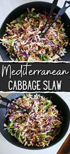 Collage of overhead shot of bowlful of Mediterranean cabbage slaw at top and bottom. Vinegar Cabbage, Coleslaw No Mayo, No Mayo Coleslaw, Healthy Coleslaw Recipes, Cabbage Slaw Recipes, Best Coleslaw Recipe, Healthy Coleslaw, Homemade Coleslaw, Healthy Version