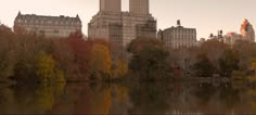 an image of the city skyline from across the lake in autumn time with trees changing colors