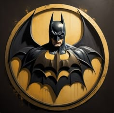 the batman symbol is painted in gold and black on a dark background with yellow accents