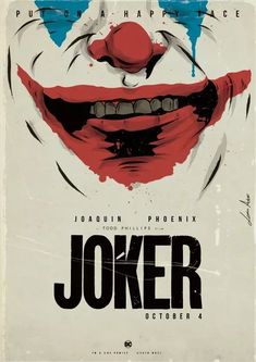 the joker movie poster is shown in red, white and blue colors with an evil clown's face painted on it