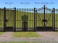 an iron fence with the names of different gates