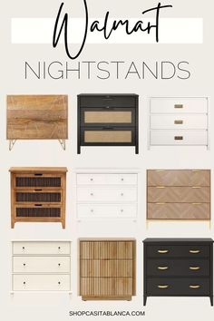 different dressers and chests with text overlay that says what to buy at night stands