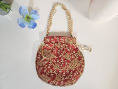 Designer Red Indian Handbag 9" Wedding Party Potli Bag Women Embroidered Purse Maroon - Deep Red - Fashion Accessories Red Rectangular Bags With Zari Work, Red Shoulder Bag For Party And Festivals, Red Embroidered Party Bag, Red Embroidered Party Bags, Red Pouch Clutch For Festivals, Red Bag With Zari Work For Festivals, Festive Red Shoulder Bag With Handwork, Festive Red Embroidered Bag, Red Evening Bag For Party And Festivals