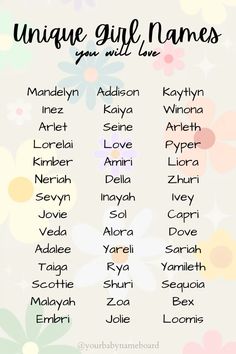 the unique girl names you'll love are in this printable flowered poster