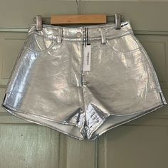 Nasty Gal Faux Leather Silver Crackle Shorts, New With Tag Size Uk 8/26” Waist Waist 13” Laid Flat Metallic Crackle Faux Leather, Zip And Button Closure Hot Pants Shorts, Womens High Waisted Shorts, Silver Shorts, Cheeky Shorts, Tie Dye Jeans, Short Loungewear, Festival Shorts, High Rise Denim Shorts, Belted Shorts