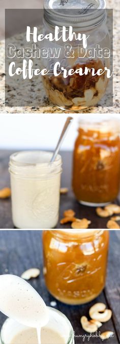 two jars filled with coffee creamer sitting on top of a wooden table next to each other