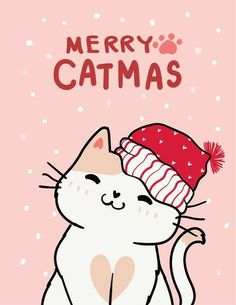 a white cat wearing a red hat with the words merry catmas written on it