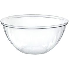 a clear glass bowl is shown on a white background with the bottom half empty and no lid