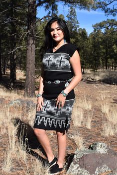 Our Charcoal Traditional Rug Dress. 100% Merino Wool Jacquard Knitted. Navajo Rug Dress, Pinup Style Clothing, Navajo Clothing, Navajo Dress, Navajo Culture, Navajo Women, Navajo Rug, Native American Photos, Charcoal Rug