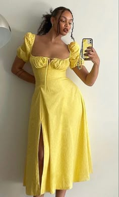 House Of Cb Yellow Dress, Classy Gowns, Chic Dress Classy, Puff Sleeve Midi Dress, Cute Casual Dresses, Cute Modest Outfits, Effortlessly Chic Outfits, Classy Dress Outfits