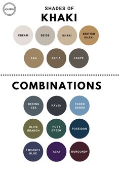 the shades of khaki and their names are shown in different colors, including blue,