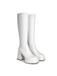 Rubber sole[ SIZE ]: Heel Height: 3.5"/9cm; Platform height: 1.2"/3cm, Shaft Height: 15.0"/38cm.[ MATERIAL ]: Elastic PU leather on the upper ​and soft synthetic fabric lining, slip-resistant rubber sole.[ DESIGN ]: Square toe knee high platform heel design, side full-length zipper, easy to put on and off.[ OCCASION ]: Wear the stylish chunky high heel boots on any occasion, you are definitely the most eye-catching one.ISNOM Stacked Platform Knee High Boots For Women With High Chunky Heel, Gogo Chunky High Heel Boots, Platform Knee High Boots, High Boots For Women, Gogo Boots, Boots For Women, Chunky Heel, High Boots, Knee High Boots, Side Zipper