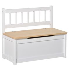 a white bench with a wooden seat and storage box