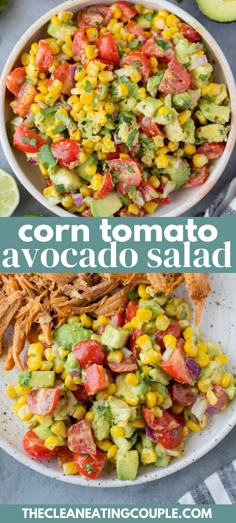 corn salad with avocado, tomatoes and cilantro in a white bowl