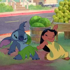 the pooh and stitch characters are playing in front of some fruit bins with green apples behind them