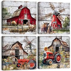 three pictures of farm animals and tractors in front of a red barn with windmills