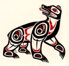 a drawing of a dog with red, black and white designs on it's body